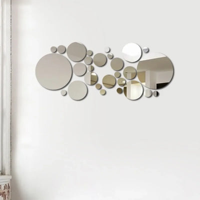32Pcs Modern 3D Mirror Wall Sticker Circle Silver Mirror Decals Self-Adhesive Art Ornaments Home Background Decoration