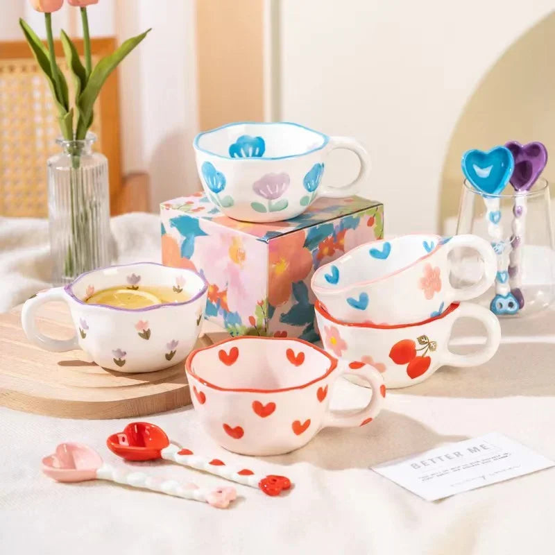 Ceramic Mug with Rabbit Handle Spoon Hand-shaped Irregular Coffee Milk Tea Cup Breakfast Oatmeal Cup Drinkware Kitchen Cup
