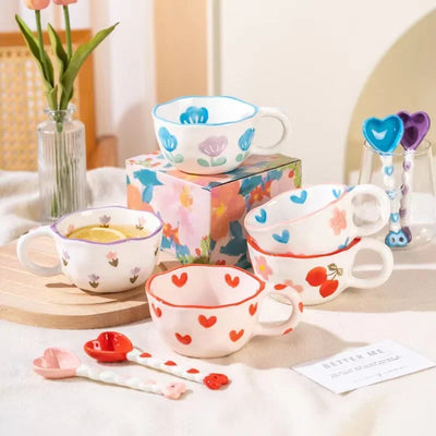 Ceramic Mug with Rabbit Handle Spoon Hand-shaped Irregular Coffee Milk Tea Cup Breakfast Oatmeal Cup Drinkware Kitchen Cup