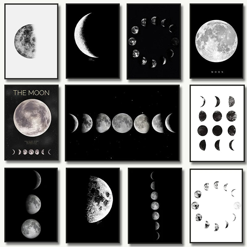 Black White Art Moon Phase Posters Aesthetic Canvas Prints Painting Wall Picture for Living Room Bar Cafe Home Decor Cuadros