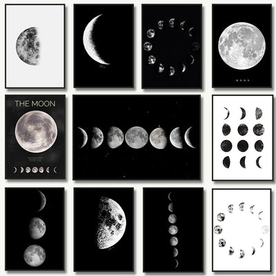 Black White Art Moon Phase Posters Aesthetic Canvas Prints Painting Wall Picture for Living Room Bar Cafe Home Decor Cuadros