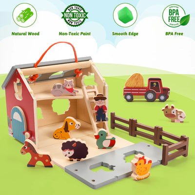 Wooden Farm Toys for 2 3 Year Old, Farm Animals for Toddlers 1 - 3 with Big Barn and Tractor, Sorting Stacking Learning Toys for