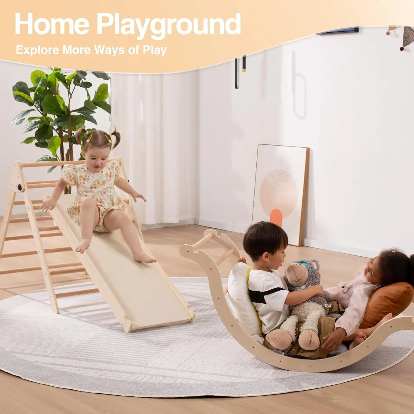 Large Foldable Pikler Triangle Set with Sliding Ramp & Climbing Arch Ramp, 5-in-1Wooden Toddler Climbing Toys Indoor