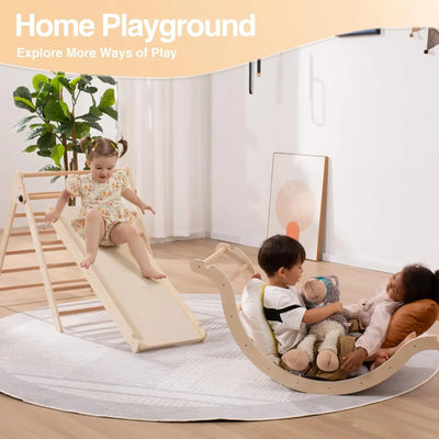 Large Foldable Pikler Triangle Set with Sliding Ramp & Climbing Arch Ramp, 5-in-1Wooden Toddler Climbing Toys Indoor