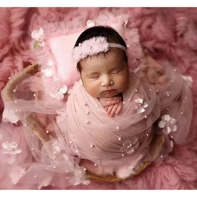 2PCS/SET NEWBORN PHOTO PROPS SOFT CHIFFON LACE FLORAL PEARLS MESH GAUZE INFANT PHOTOGRAPHY BACKDROP ACCESSORIES