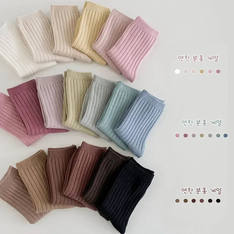 5 PAIRS/LOT SOLID COLOR STRIPED COTTON KIDS SOCKS – BREATHABLE KNITTED TODDLER CREW SOCKS FOR BOYS & GIRLS (1–8 YEARS)