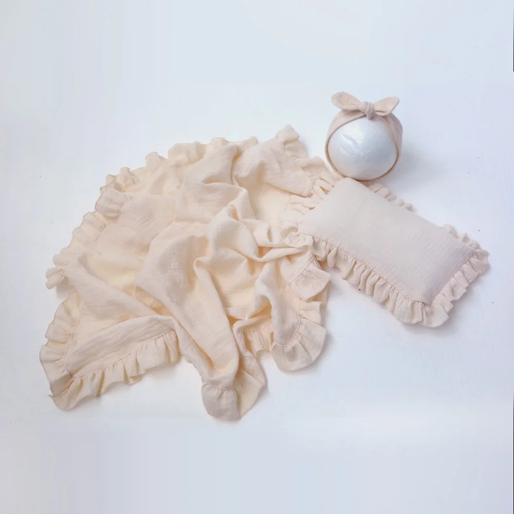 Newborn Props For Photography Soft Skin Friendly Double-Layer Cotton Blanket/Lace Pillow/Headband Photography Accessories