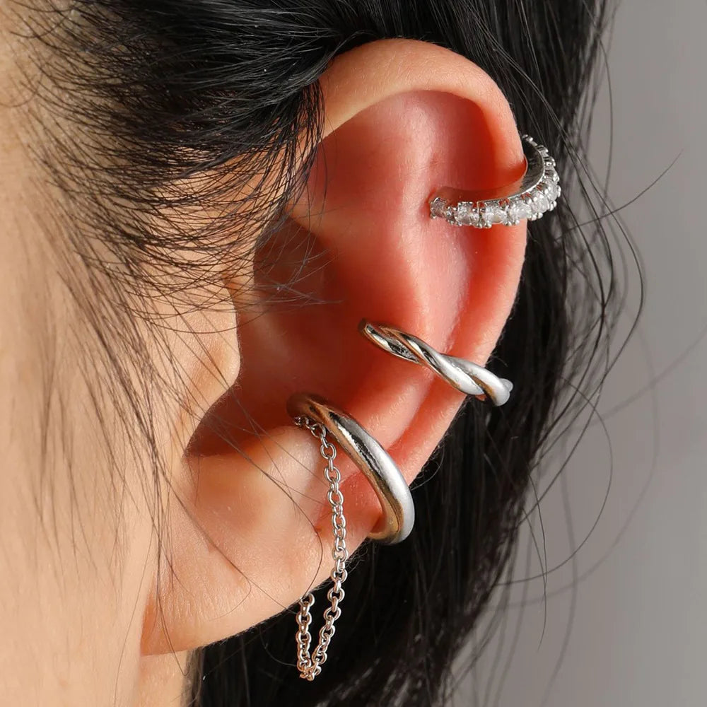 3PCS Vintage Simple Metal Crystal Ear Cuff for Women Teens Gold Color Non Piercing Fake Cartilage Clip Earrings Set Jewelry Gift
