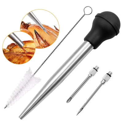 Turkey Needle Turkey Seasoning Pump Bbq Tool  Silicone Drip Seasoning Tube With Cleaning Brush Stainless Steel Turkey Pin