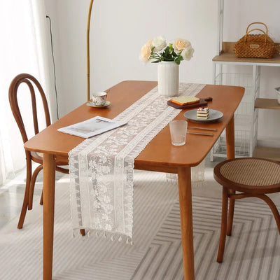 White Lace Table Runner INS Table Flag Dust Cover Wedding Dining Tables Cover Embroidered Floral Table Runner with Tassel