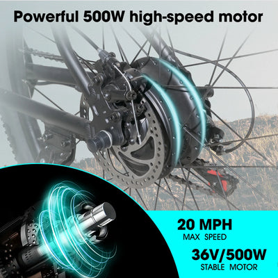 HILAND 500W 26” ELECTRIC MOUNTAIN BIKE – 36V REMOVABLE BATTERY, 20MPH, 7-SPEED SHIMANO, FRONT SUSPENSION, DISC BRAKES