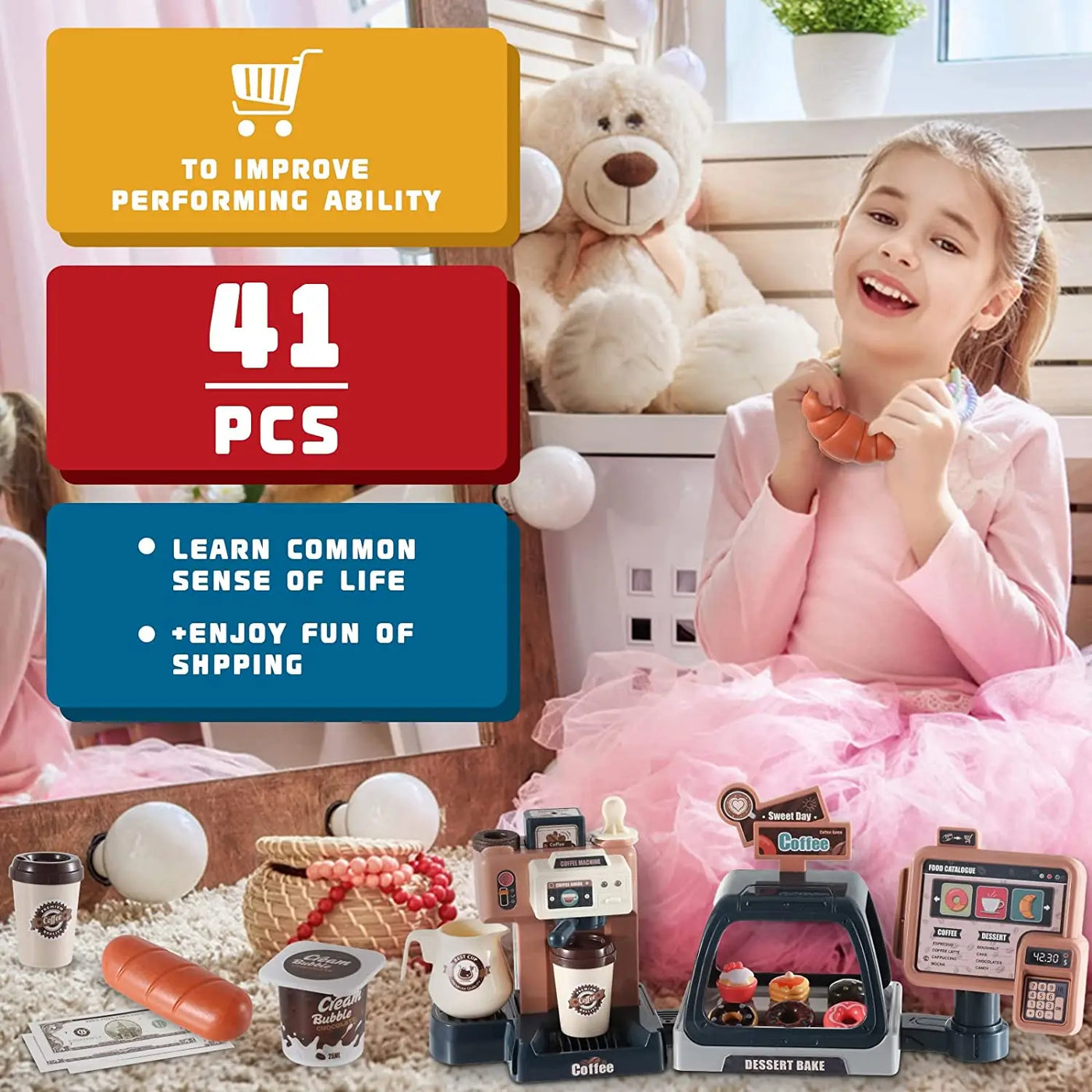 3 in 1 Toy Coffee Maker Machine and Cash Register Kit with Sound Light