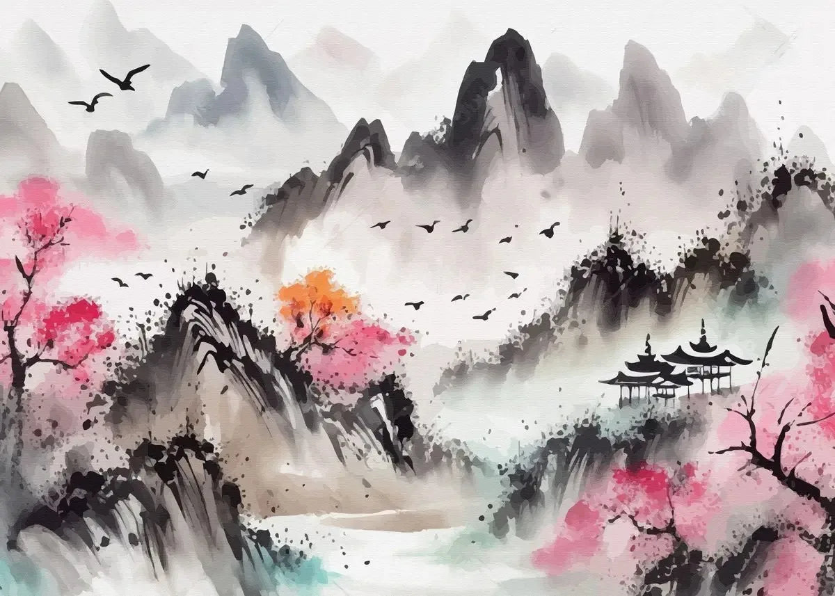 Chinese Landscape Birds Forest Mountain River Koi Carp Fish Ink Art Poster Canvas Painting Wall Art Prints Picture Home Decor