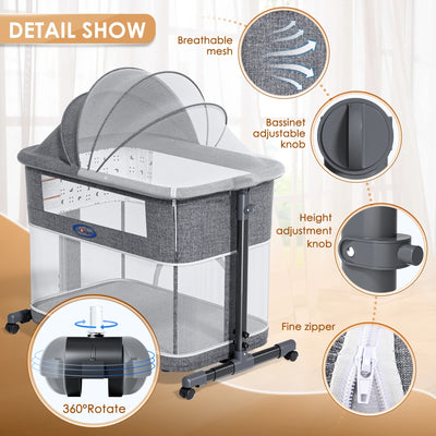 3-IN-1 BABY BASSINET WITH COMFY MATTRESS, PORTABLE BEDSIDE SLEEPER WITH WHEELS, EASY TO ASSEMBLE, SUITABLE FOR BABY GIRLS AND BOYS