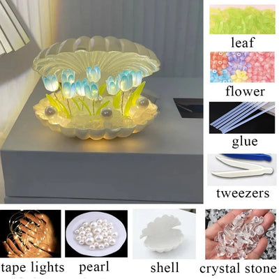 Handmade DIY Ceramic Shell Tulip Small Night Lamp Creative Valentine Christmas Birthday Kids Gift Bedside Table Ambience Light