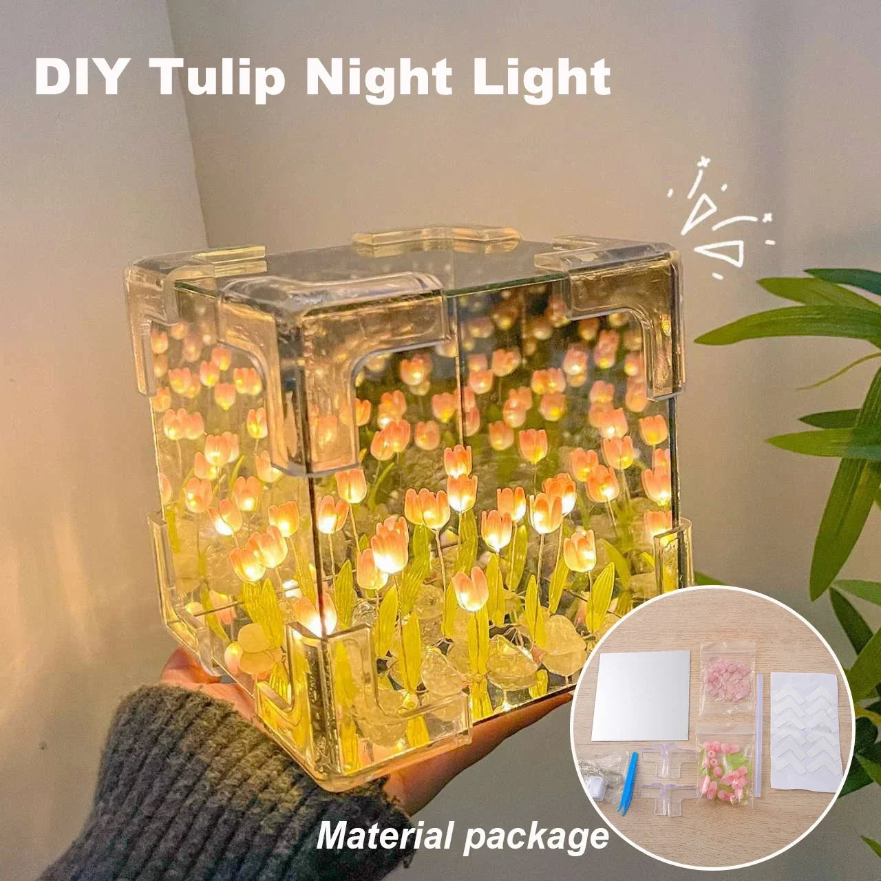 DIY Tulip Night Light Luminous Ornament Mirrors Simulation Flower Light INS Decor LED Table Lights Desktop Mirror Light Gifts
