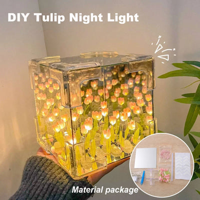 DIY Tulip Night Light Luminous Ornament Mirrors Simulation Flower Light INS Decor LED Table Lights Desktop Mirror Light Gifts