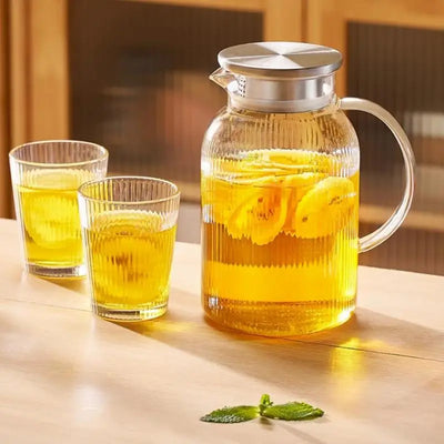 1.6L Heat Resistant Glass Cold Water Kettle And Cups Transparent Stripe Coffee Teaware Stainless Steel Lid Jug Kitchen Accessory