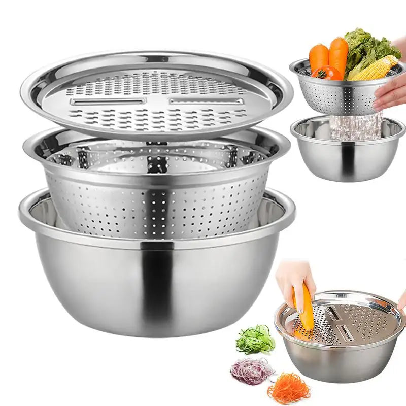 3 In 1 Multifunctional Kitchen Graters with Stainless Steel Drain Basin Vegetable Cutter Colander Vegetable Slicer Set