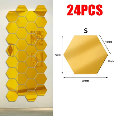 24/6pcs 3D Mirror Wall Sticker Hexagon Acrylic Self Adhesive Mirror Stickers Art Wall Decals Mosaic Tiles DIY Home Bedroom Decor