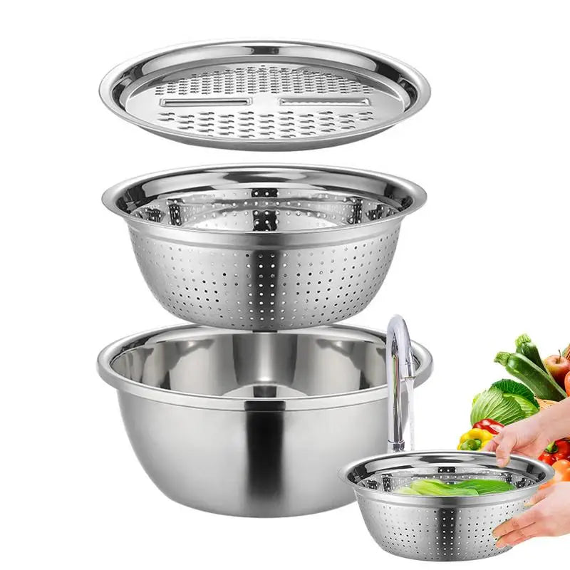 3 In 1 Multifunctional Kitchen Graters with Stainless Steel Drain Basin Vegetable Cutter Colander Vegetable Slicer Set