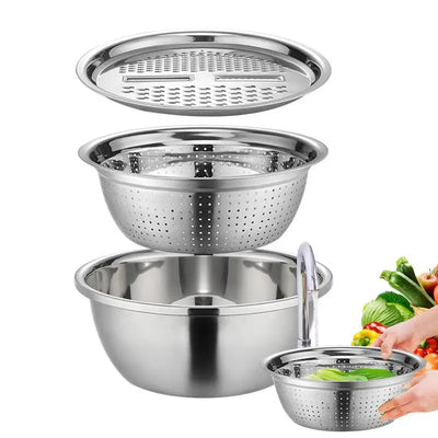 3 In 1 Multifunctional Kitchen Graters with Stainless Steel Drain Basin Vegetable Cutter Colander Vegetable Slicer Set