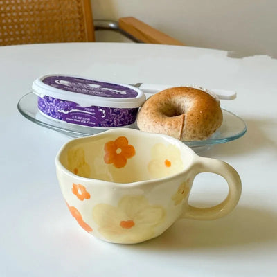 Ceramic Mugs Coffee Cups Hand Pinched Irregular Flower Milk Tea Cup Ins Korean Style Oatmeal Breakfast Mug Drinkware Kitchen