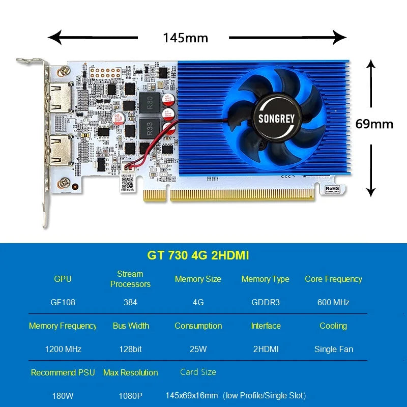 SONGREY GT730 4GB DDR3 2HDMI Graphics Card 2 Monitor Display  PCI-E2.0 16X ,Computer GPU, Low Profile GPU, 2Year Warranty