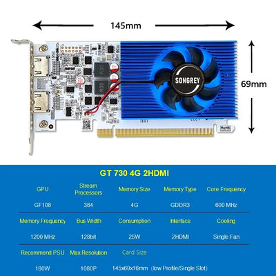 SONGREY GT730 4GB DDR3 2HDMI Graphics Card 2 Monitor Display  PCI-E2.0 16X ,Computer GPU, Low Profile GPU, 2Year Warranty