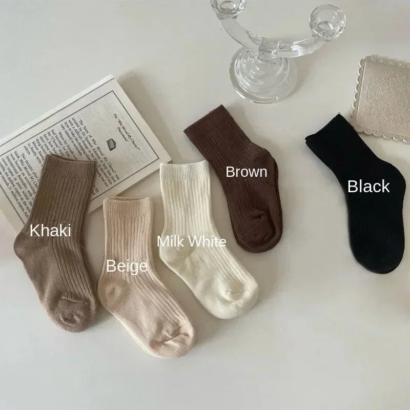 5 PAIRS/LOT SOLID COLOR STRIPED COTTON KIDS SOCKS – BREATHABLE KNITTED TODDLER CREW SOCKS FOR BOYS & GIRLS (1–8 YEARS)