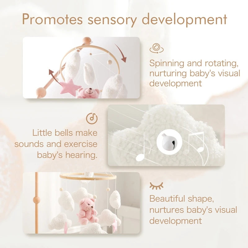 BABY CRIB MOBILE RATTLE TOY – SOFT FELT TEDDY VELVET PINK BEAR HANGING TOY WITH HOLDER FOR INFANTS (0-12 MONTHS)y Holder Bracket Crib Girl Toy