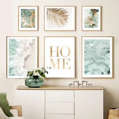 Sand Waves Gold Palm Posters Abstract Green Marble Line Coral Wall Art Print Canvas Painting Wall Pictures For Living Room Decor