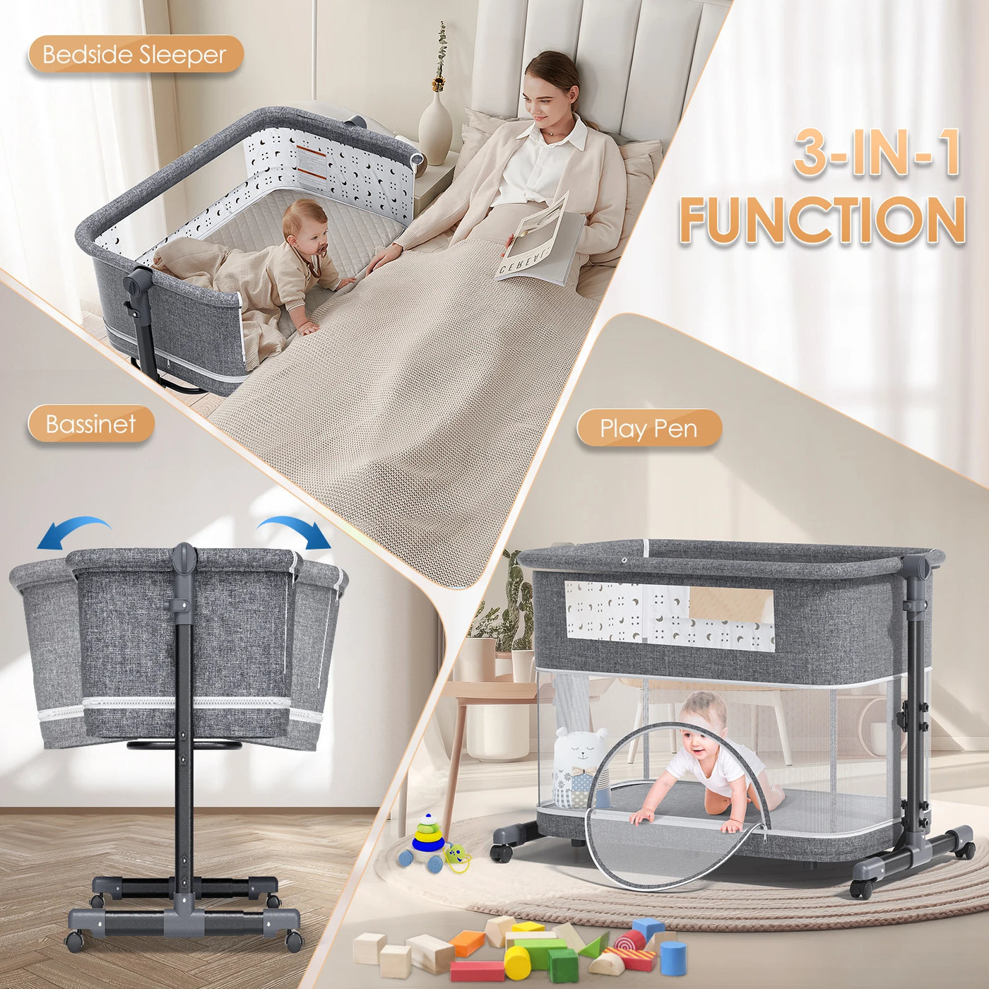 3-IN-1 BABY BASSINET WITH COMFY MATTRESS, PORTABLE BEDSIDE SLEEPER WITH WHEELS, EASY TO ASSEMBLE, SUITABLE FOR BABY GIRLS AND BOYS