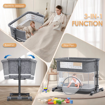 3-IN-1 BABY BASSINET WITH COMFY MATTRESS, PORTABLE BEDSIDE SLEEPER WITH WHEELS, EASY TO ASSEMBLE, SUITABLE FOR BABY GIRLS AND BOYS