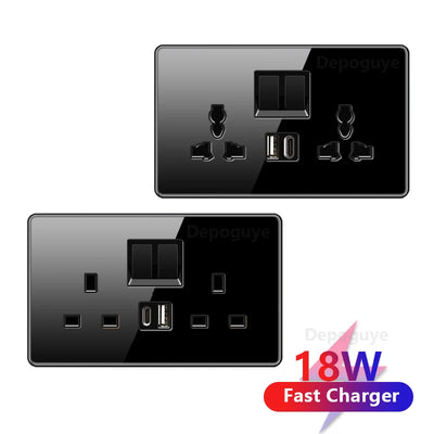 Black UK 18W Type-C Quick charge Socket Universal Double 3pin USB Power Outlet,220V Electrical Wall LED Light 2way Switch TV TEL
