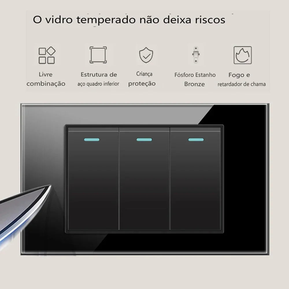Shawader Electric Power Wall Switch Brazil US Mexico Glass Panel 118 Jack Three Position Outlet Home Office Kitchen 1/2/3/4Gang