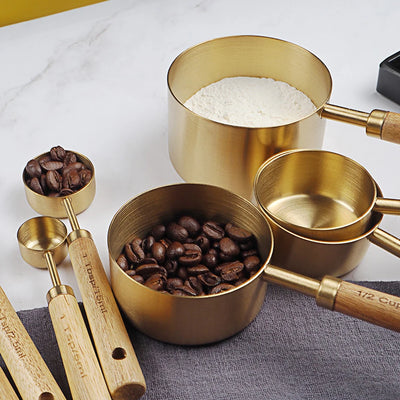 Stainless Steel Kitchen Accessories Kitchen Gadget 8Pcs Wooden Handle Measuring Cups Measuring Spoon Set Coffee Bartending Scale