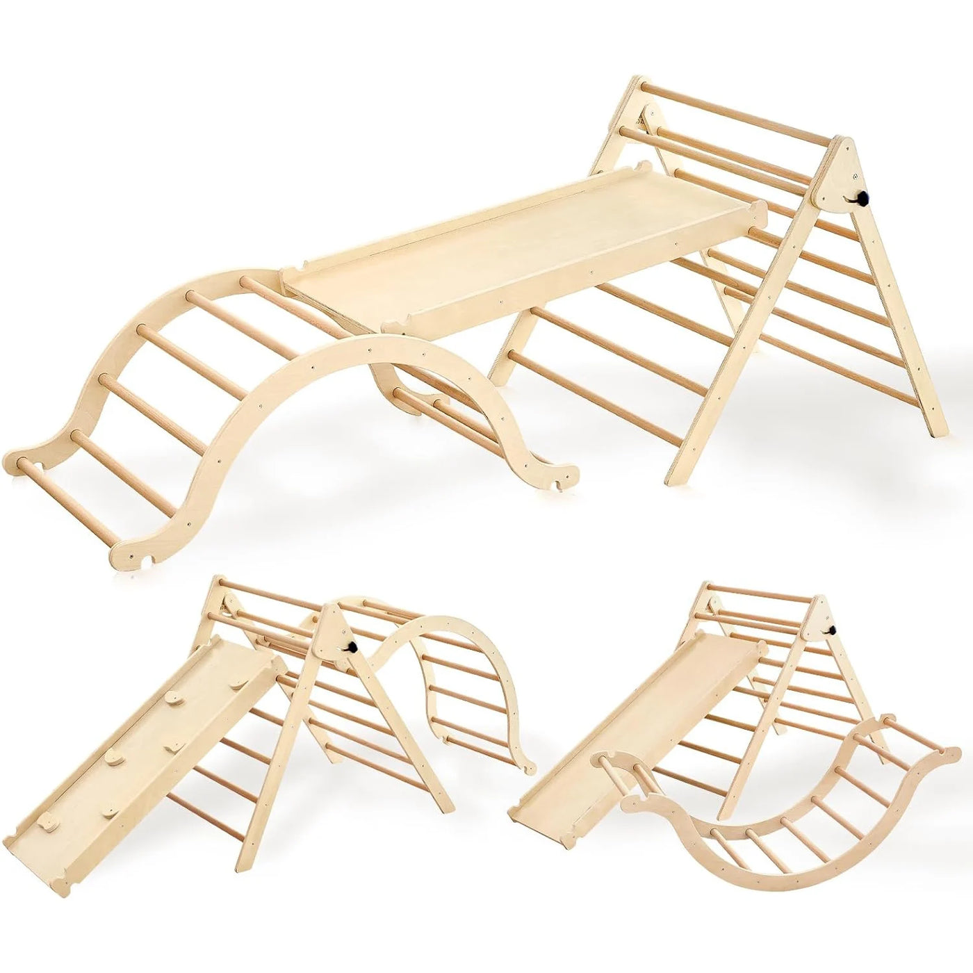 Large Foldable Pikler Triangle Set with Sliding Ramp & Climbing Arch Ramp, 5-in-1Wooden Toddler Climbing Toys Indoor