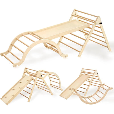Large Foldable Pikler Triangle Set with Sliding Ramp & Climbing Arch Ramp, 5-in-1Wooden Toddler Climbing Toys Indoor