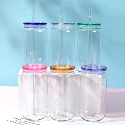 16oz Colorful Lid Transpare Plastic Cup with Lids And Straws Replacement Lids for Can Shaped  Iced Coffee Cups Cute Tumbler Cup