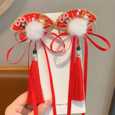 Girl's Hair Accessories Chinese Style Hair Cards Children's New Year Fans Ancient Style Hair Clips Hanfu Headwear New Year Gifts