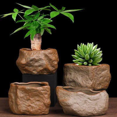 Ceramic Succulent Pot Wear Resistant Stone Shape Cactus Succulent Miniature Garden Bonsai for Home Office Table Desk Decoration