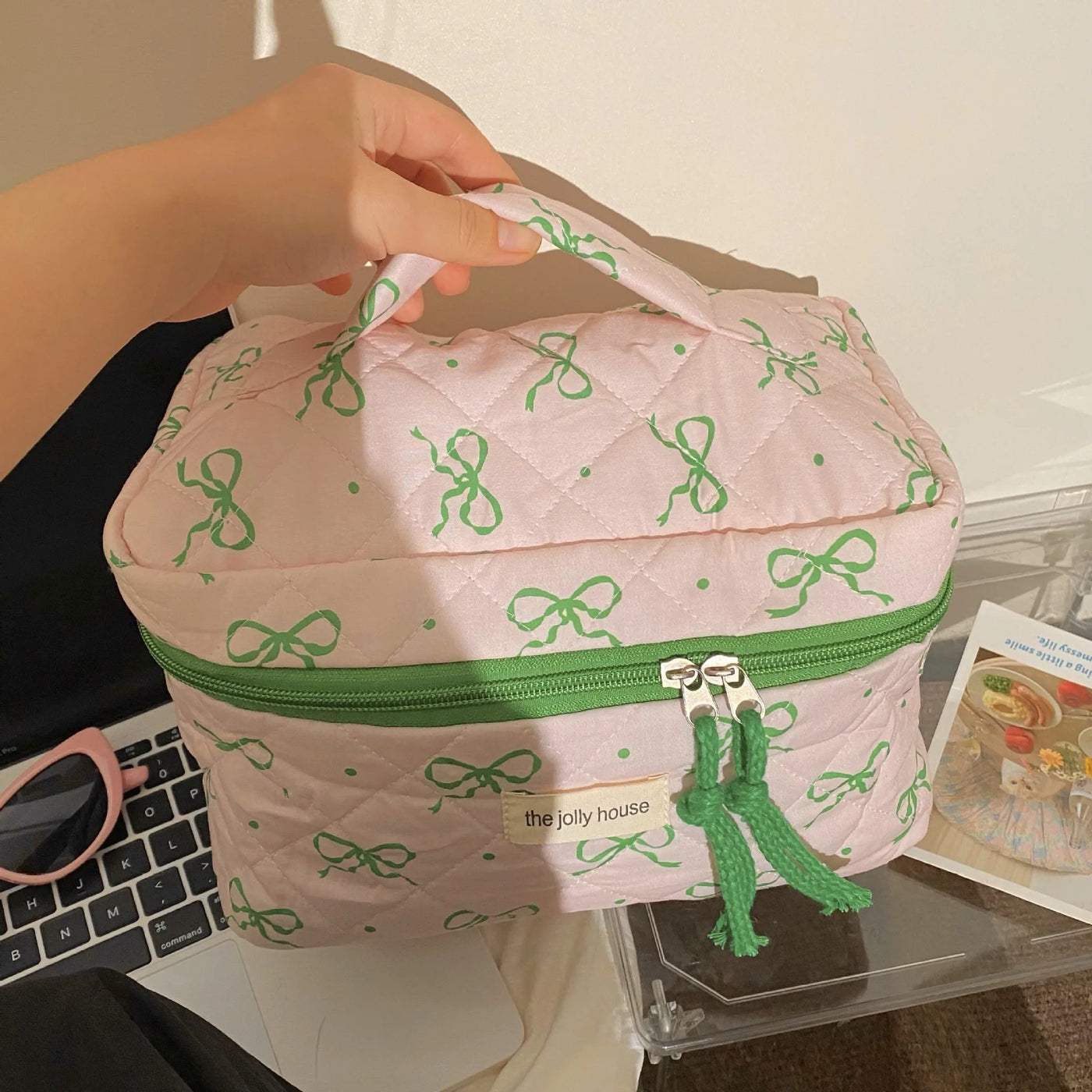 Green Pink Contrasting Bow Makeup Bag Large Capacity Portable Travel Toiletry Bag Storage Bag
