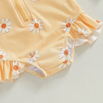 Toddler Baby Girl Swimsuit Floral Rash Guard with Hat Set Long Sleeve Zipper Bathing Suit Swimwear