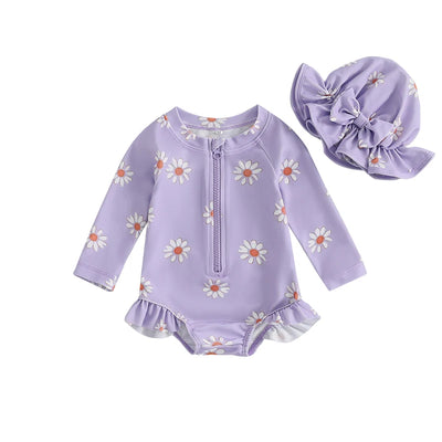 Toddler Baby Girl Swimsuit Floral Rash Guard with Hat Set Long Sleeve Zipper Bathing Suit Swimwear