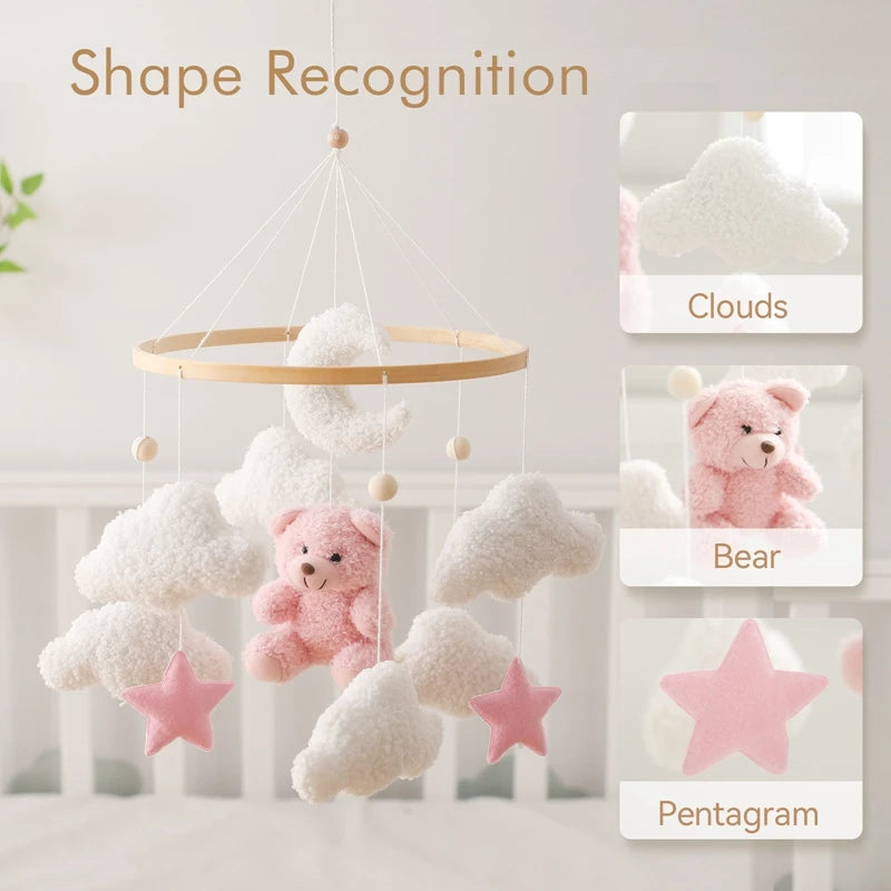 BABY CRIB MOBILE RATTLE TOY – SOFT FELT TEDDY VELVET PINK BEAR HANGING TOY WITH HOLDER FOR INFANTS (0-12 MONTHS)y Holder Bracket Crib Girl Toy