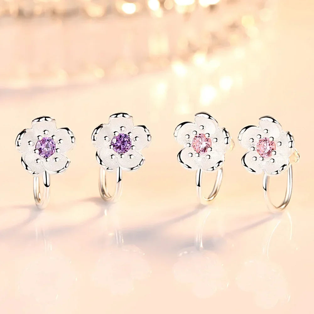 Korea Style Crystal Cherry Blossom Flower Clip on Earrings Without Piercing for Girls Party Sweet 925 Silver No Hole Ear Clip