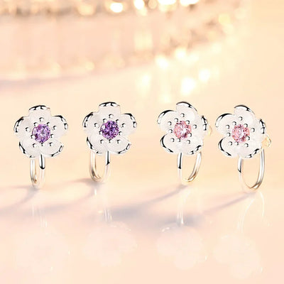 Korea Style Crystal Cherry Blossom Flower Clip on Earrings Without Piercing for Girls Party Sweet 925 Silver No Hole Ear Clip