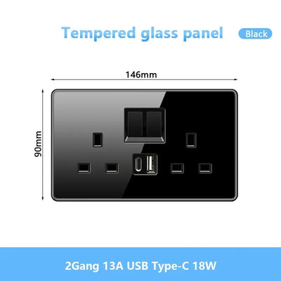 Black UK 18W Type-C Quick charge Socket Universal Double 3pin USB Power Outlet,220V Electrical Wall LED Light 2way Switch TV TEL