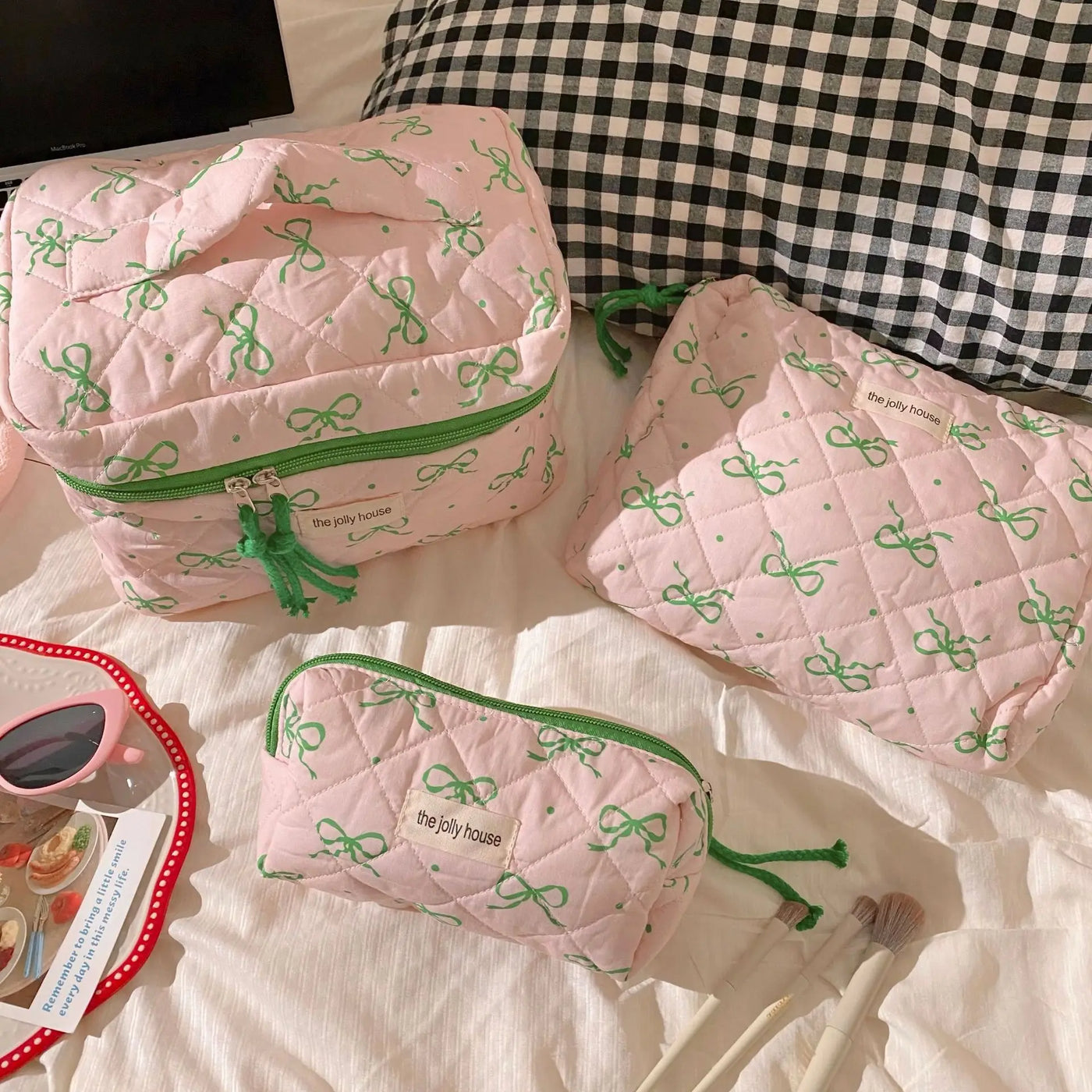 Green Pink Contrasting Bow Makeup Bag Large Capacity Portable Travel Toiletry Bag Storage Bag